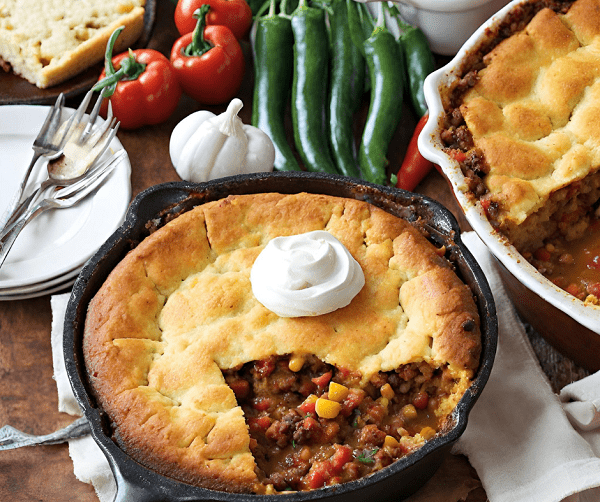 Skillet Chili Cornbread Pot Pie