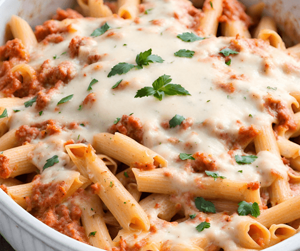 Cheesy Baked Penne Pasta with Alfredo and Spaghetti Sauce