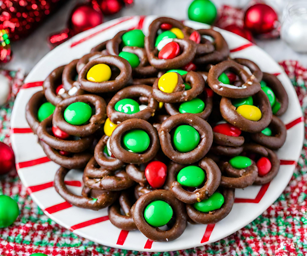 Christmas Rolo Pretzels with M&M’s