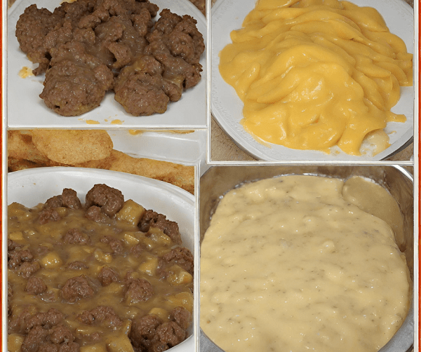 Hamburger and potatoes in cheese sauce