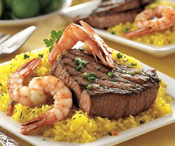 Jerk Steak & Shrimp over Yellow Rice