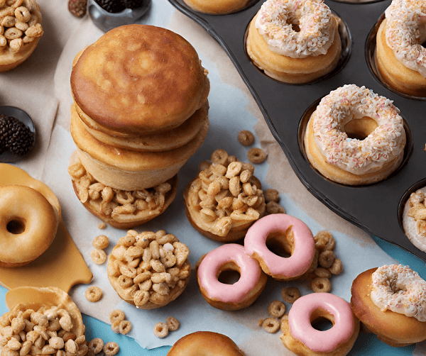 Pancake muffins and donuts with cereal