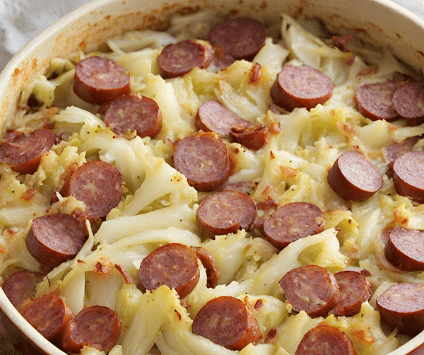 Cabbage, onion and smoked sausage bake