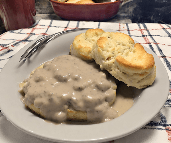 Homemade sausage gravy and biscuits