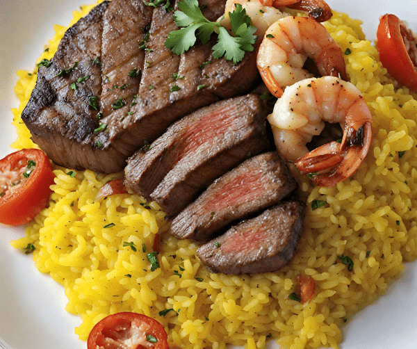 Jerk Steak & Shrimp over Yellow Rice