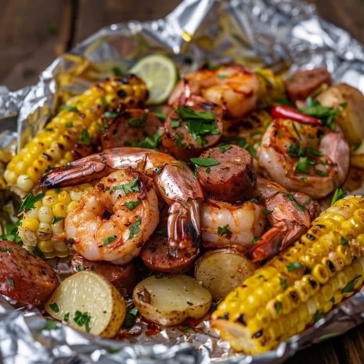 Shrimp, Corn, Potatoes, and Smoked Sausage Foil Pack